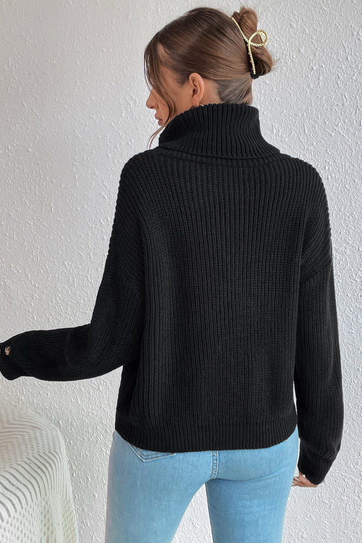 Decorative Button Turtleneck Dropped Shoulder Sweater