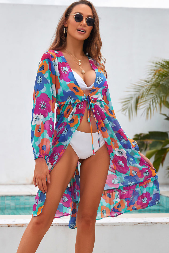 Printed Long Sleeve Tie Front Cover Up