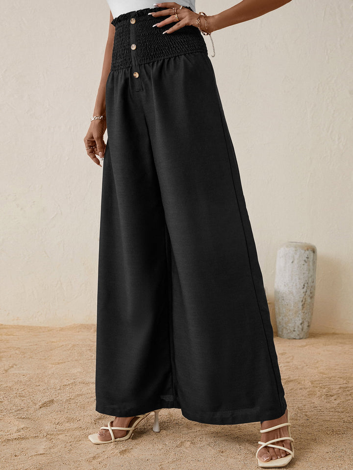 High Smocked Waist Buttoned Relax Fit Long Pants